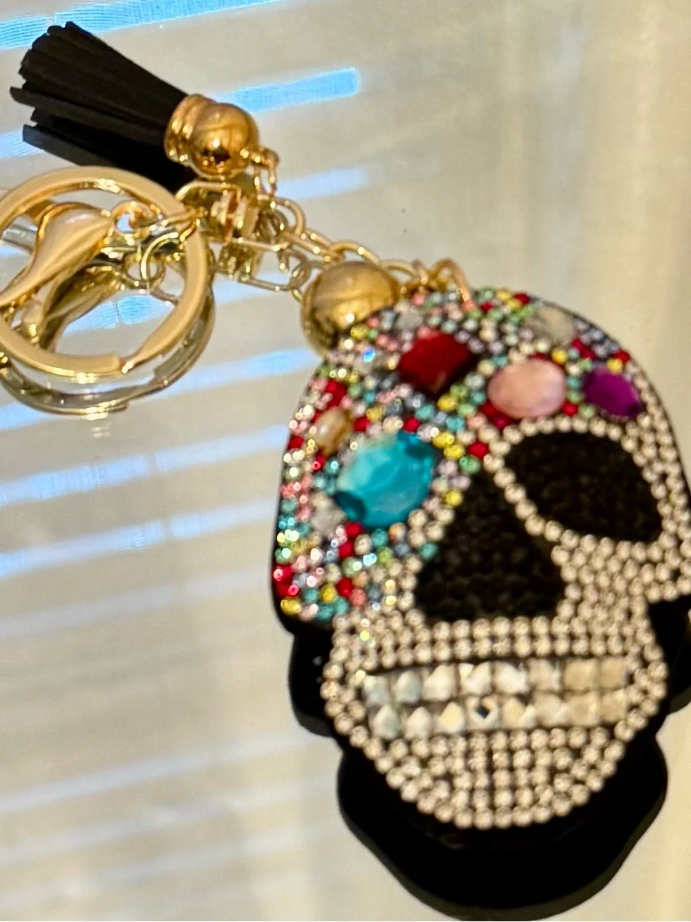 New Multi Color Beaded Crystal Skull Gem Keychain with Gold Hardware
